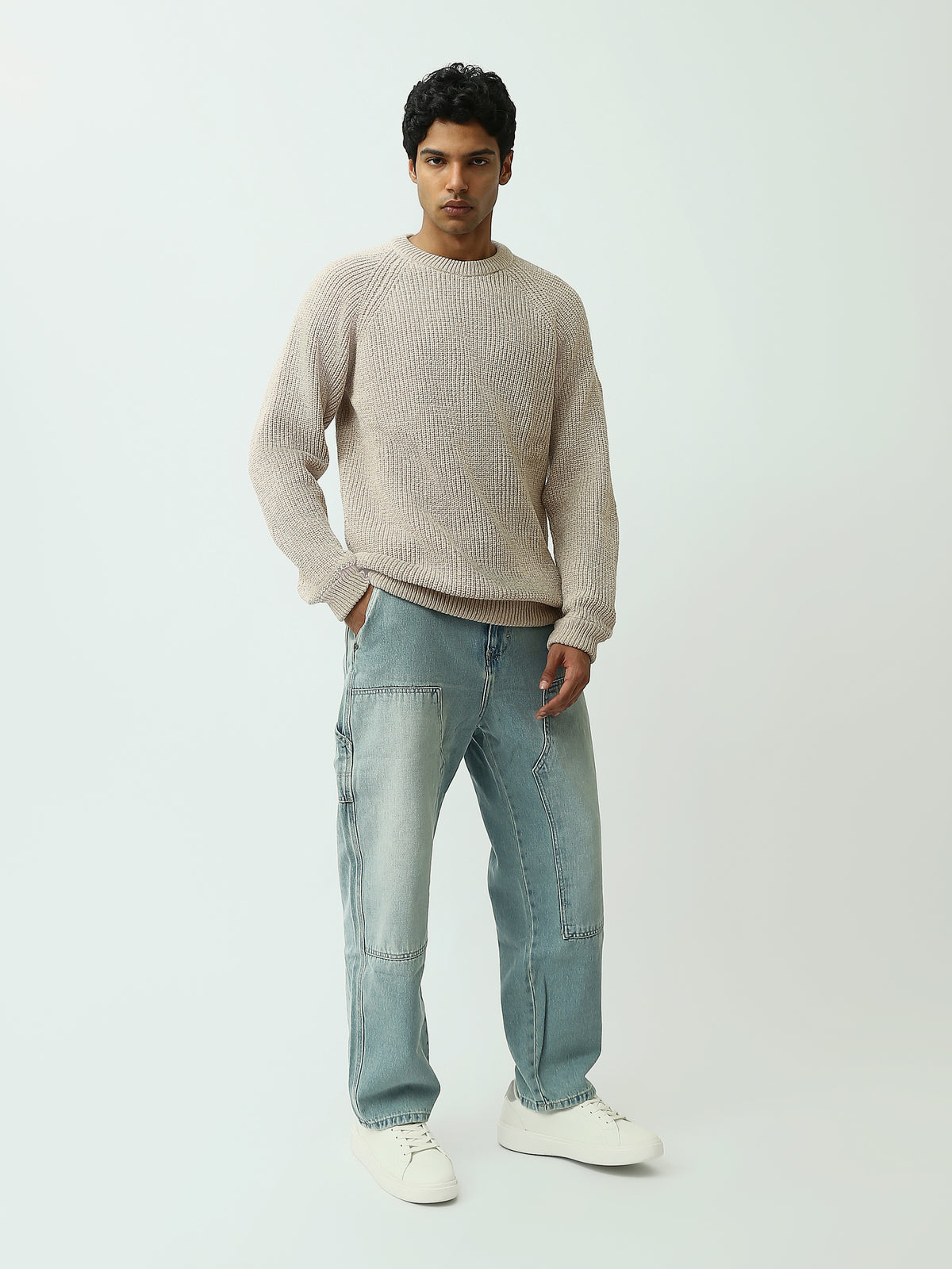 Town Team - Men's Regular plain Pullovers Beige Cotton Blend