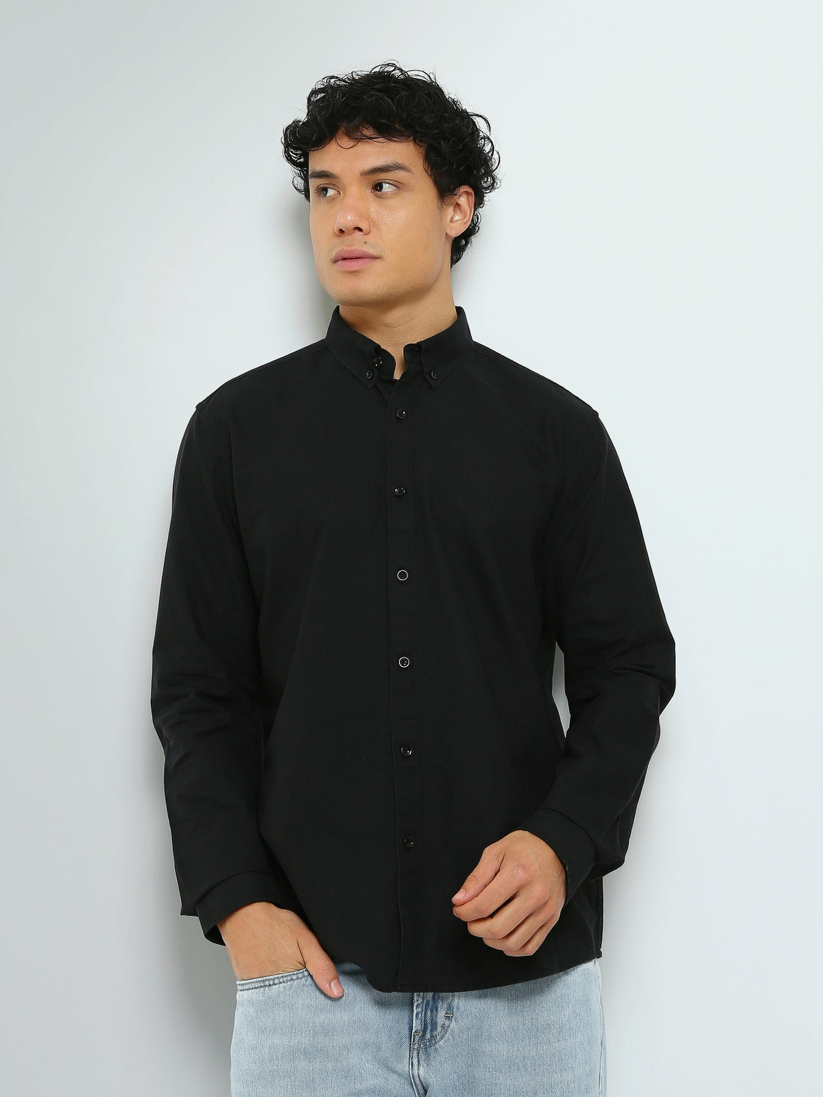 Town Team - Men's Slim oxford Long Sleeves Shirts Black Oxford