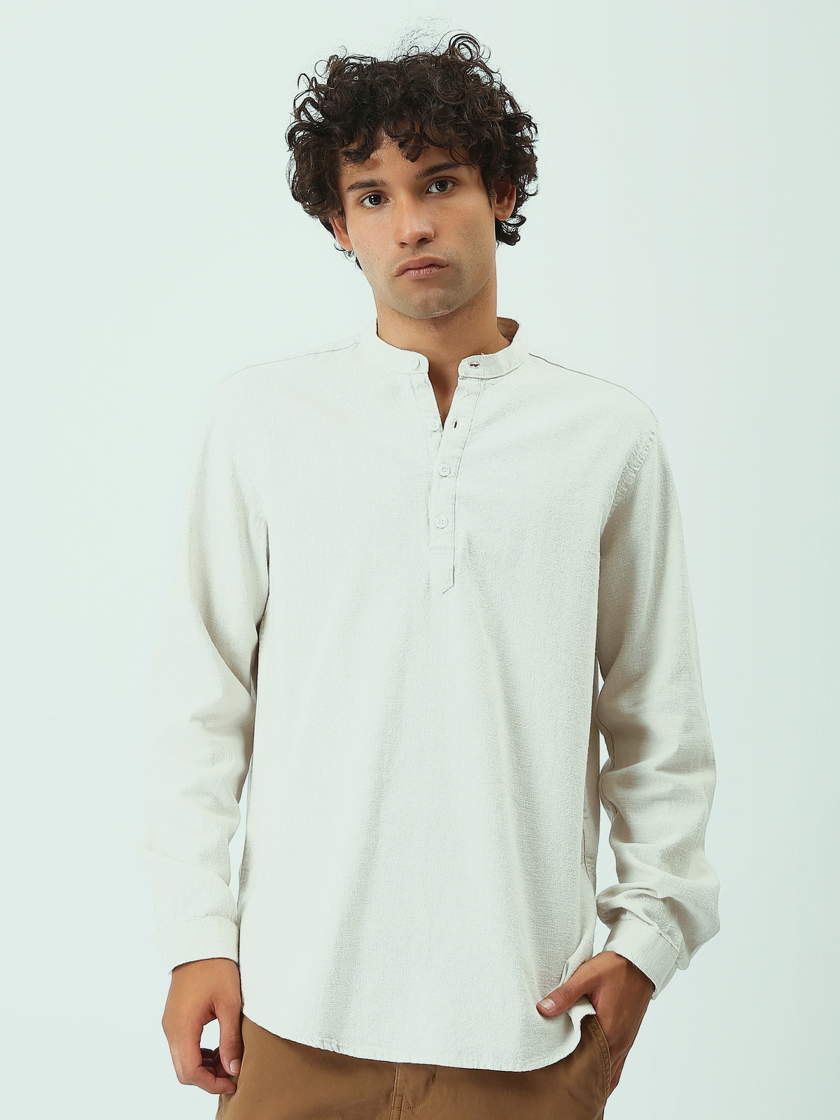 Town Team - Men's Slim cotton Long Sleeves Shirts L-BEIGE Cotton Blend