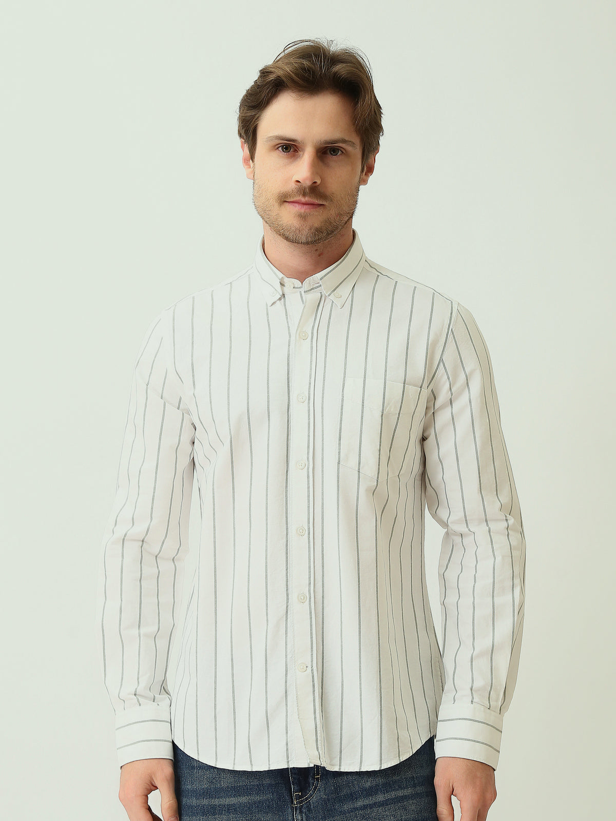 Town Team - Men's Modern oxford Long Sleeves Shirts WHT/S-BL Pure Cotton