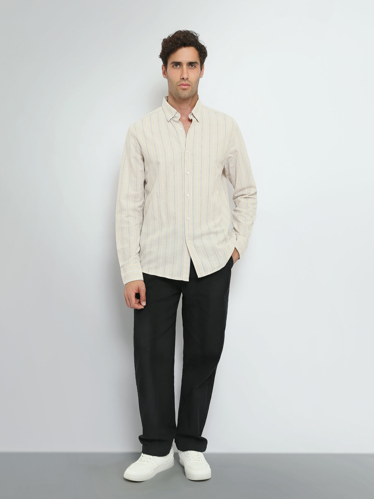 Town Team long sleeves shirts linen slim fit BEG/WHT