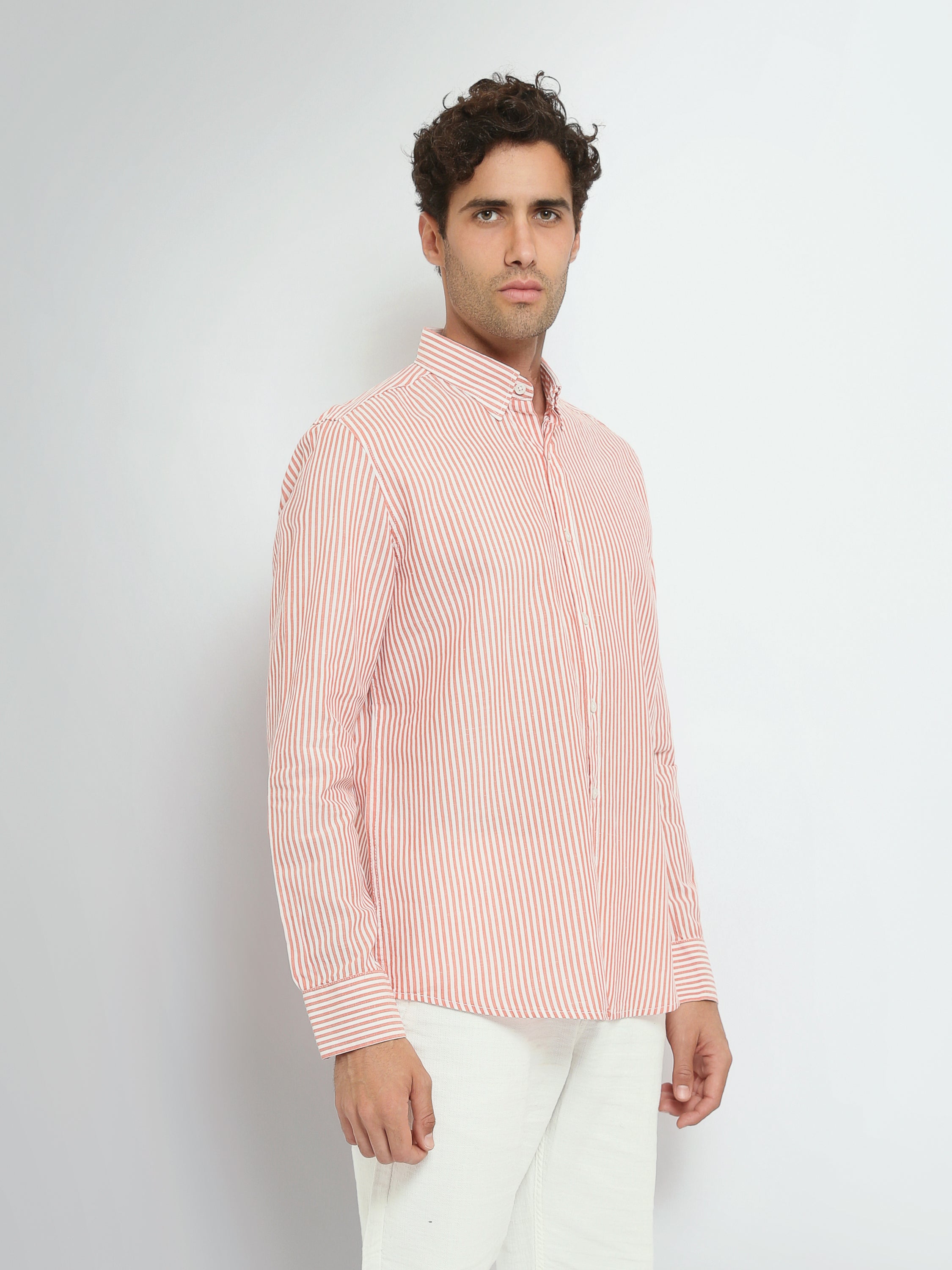 Town Team long sleeves shirts linen slim fit WHT/ORG