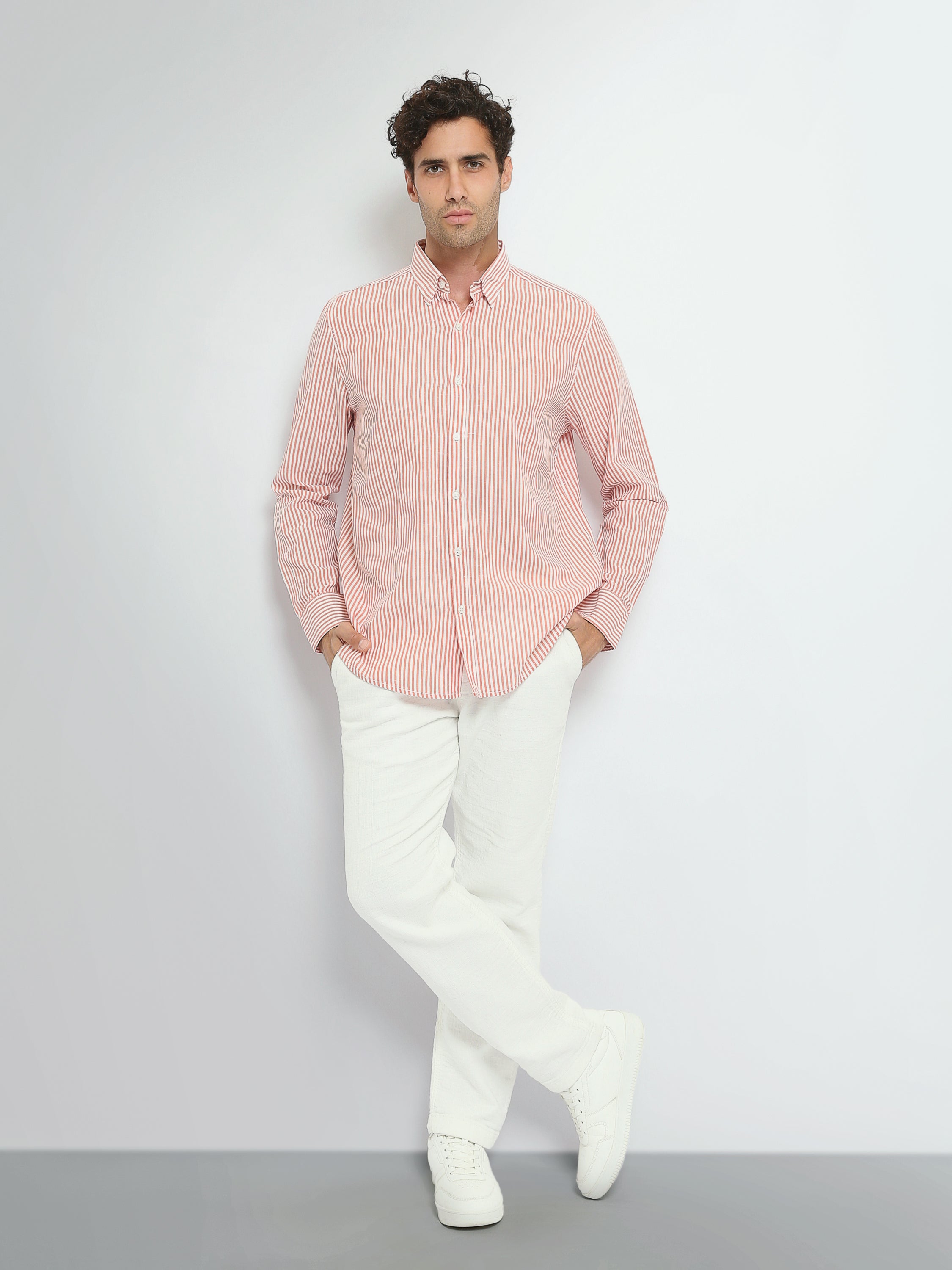 Town Team long sleeves shirts linen slim fit WHT/ORG
