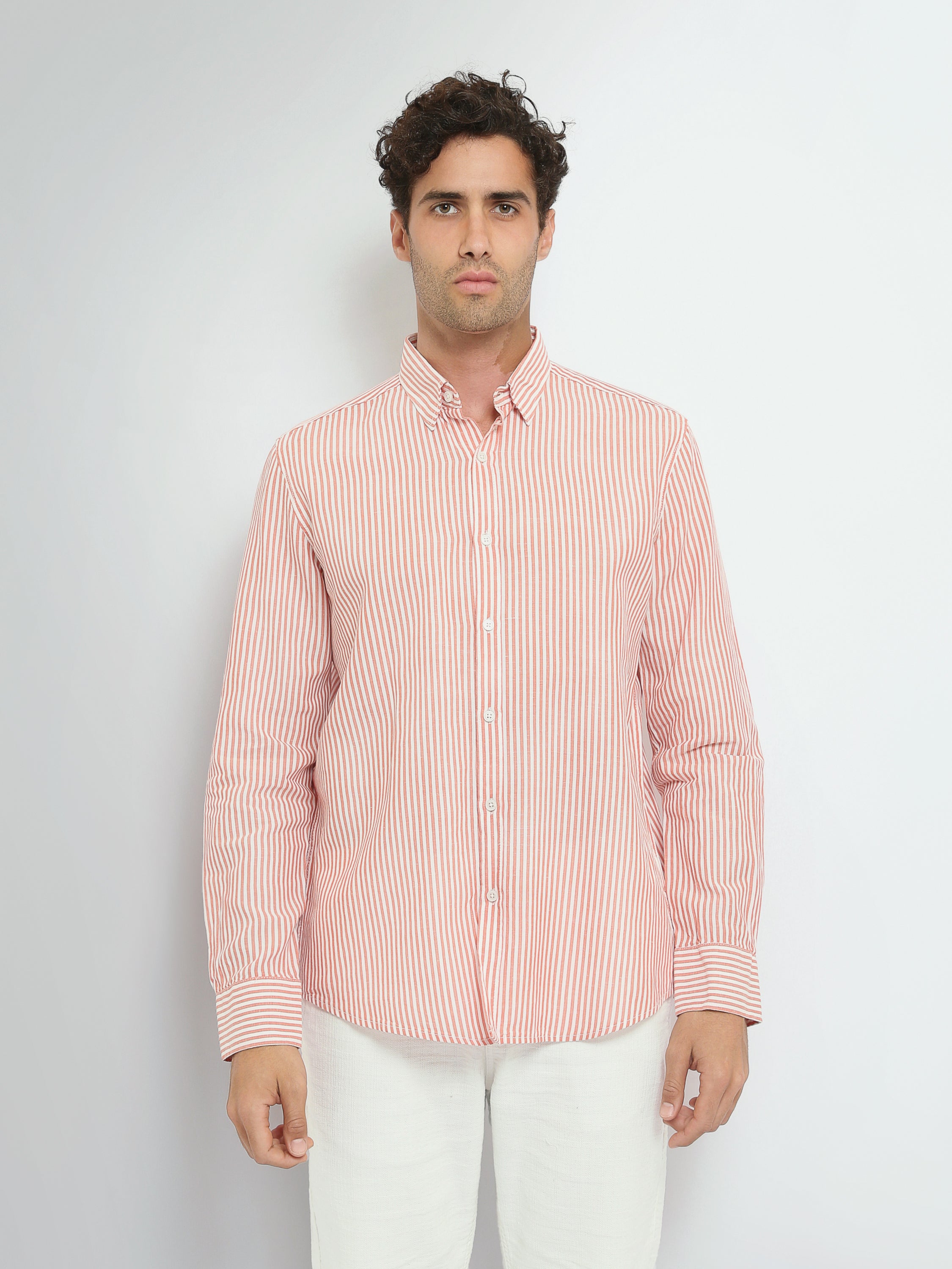Town Team long sleeves shirts linen slim fit WHT/ORG