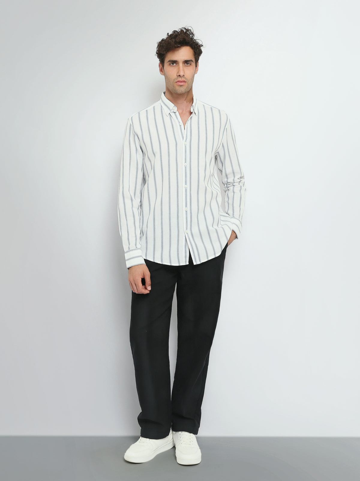 Town Team long sleeves shirts linen slim fit WHT/BLU