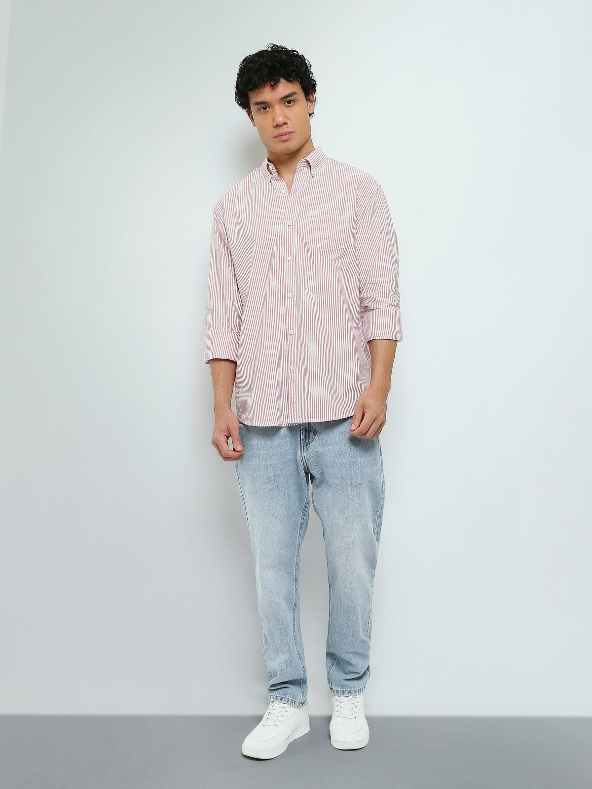 Town Team - Men's Regular oxford Long Sleeves Shirts WHT/RED Oxford