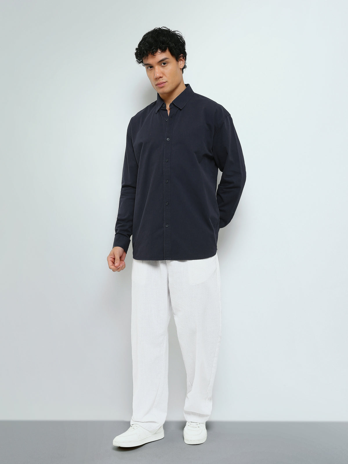 Town Team - Men's Oversized gabardine Long Sleeves Shirts Navy Gabardine