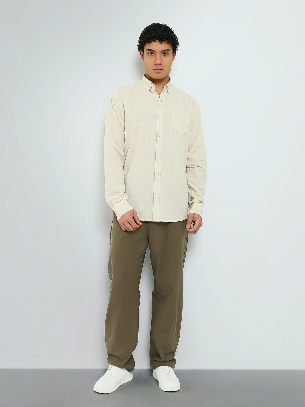 Town Team - Men's Regular linen Long Sleeves Shirts L-BEIGE Linen