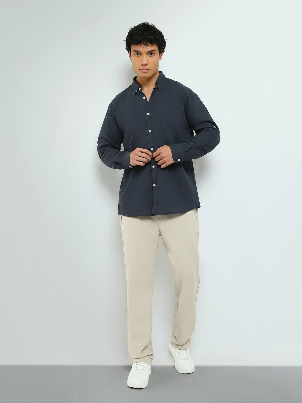 Town Team - Men's Oversized linen Long Sleeves Shirts Navy Linen Blend