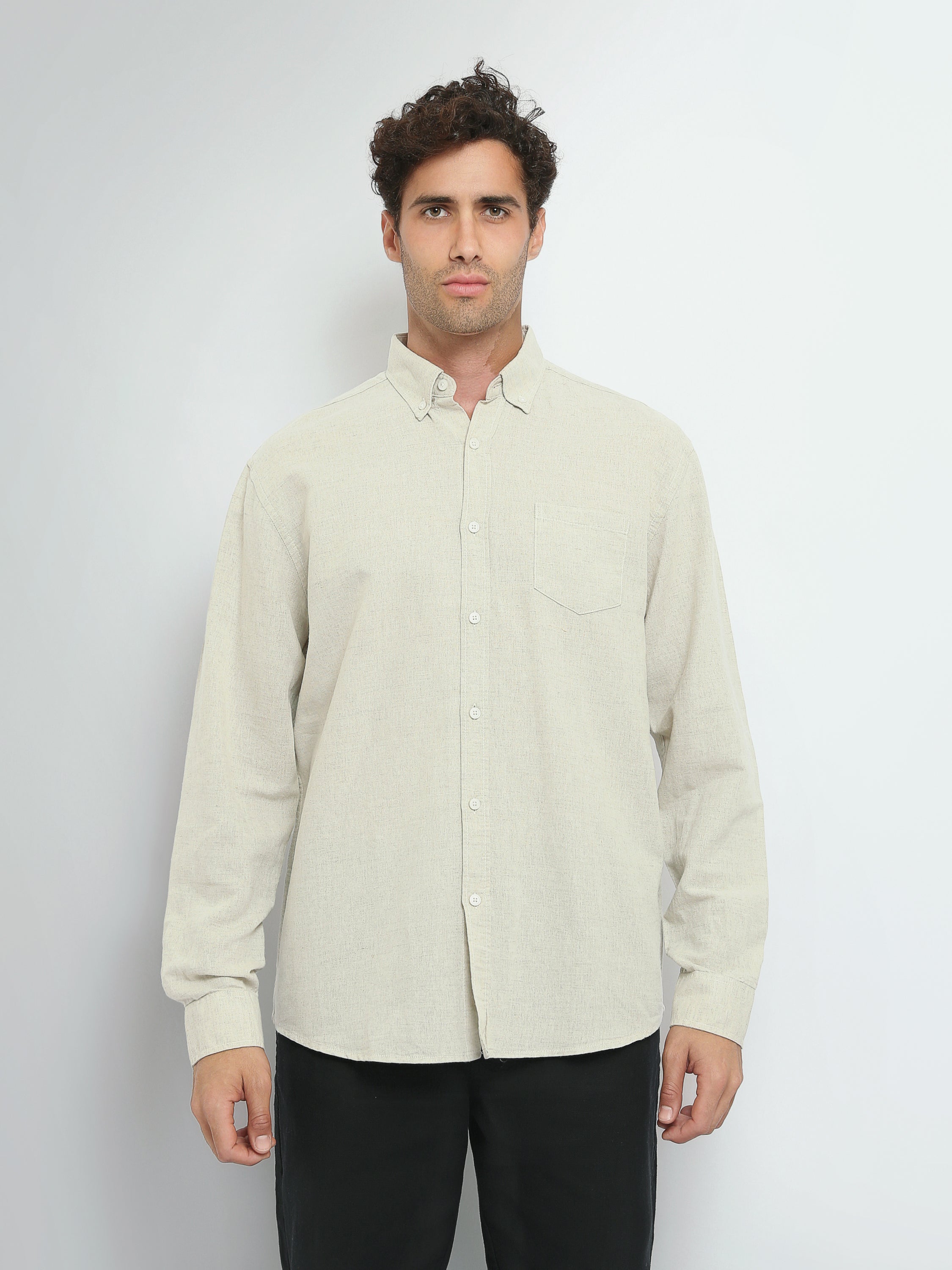 Town Team long sleeves shirts linen regular fit Olive