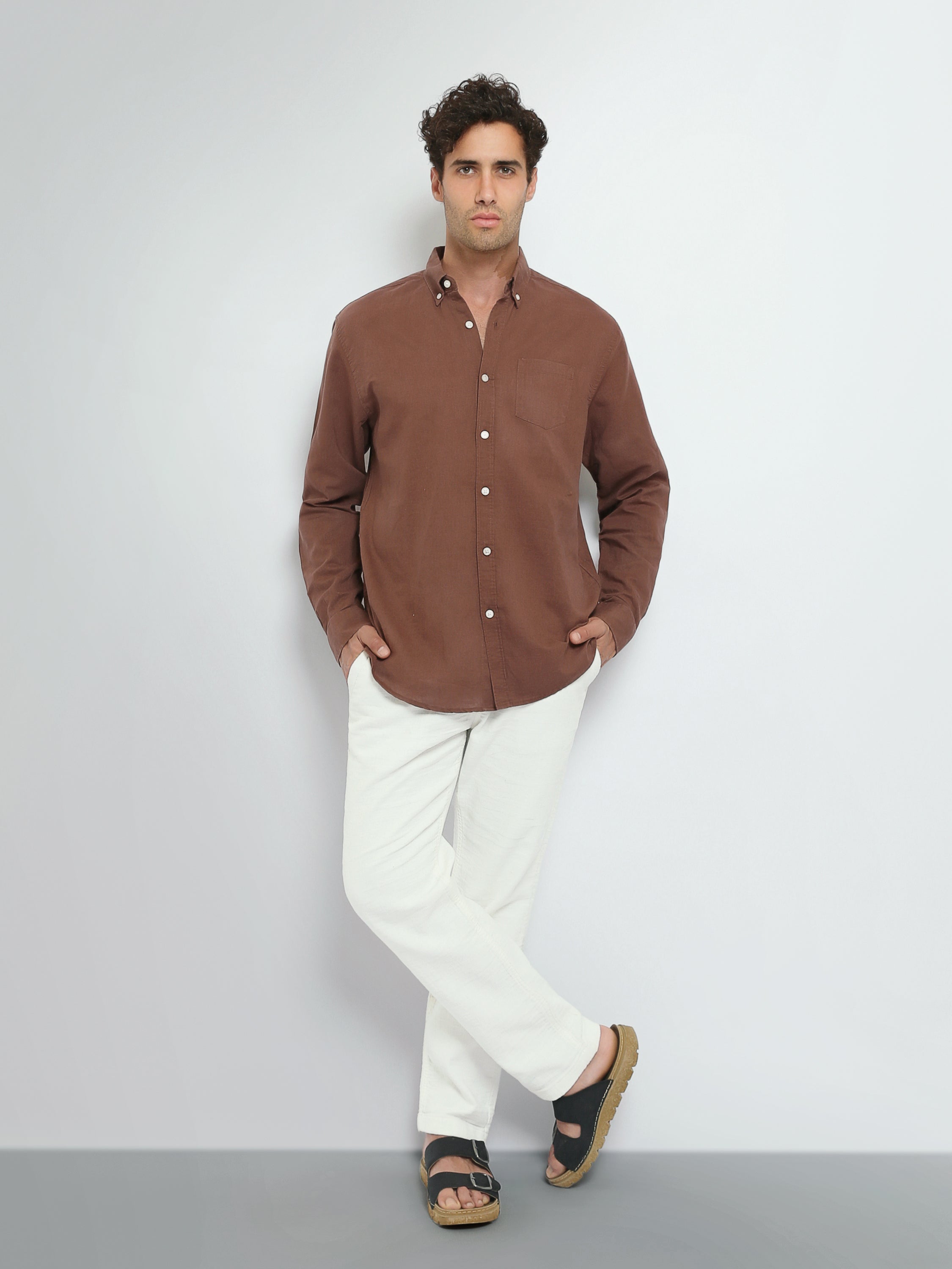 Town Team long sleeves shirts linen regular fit Olive