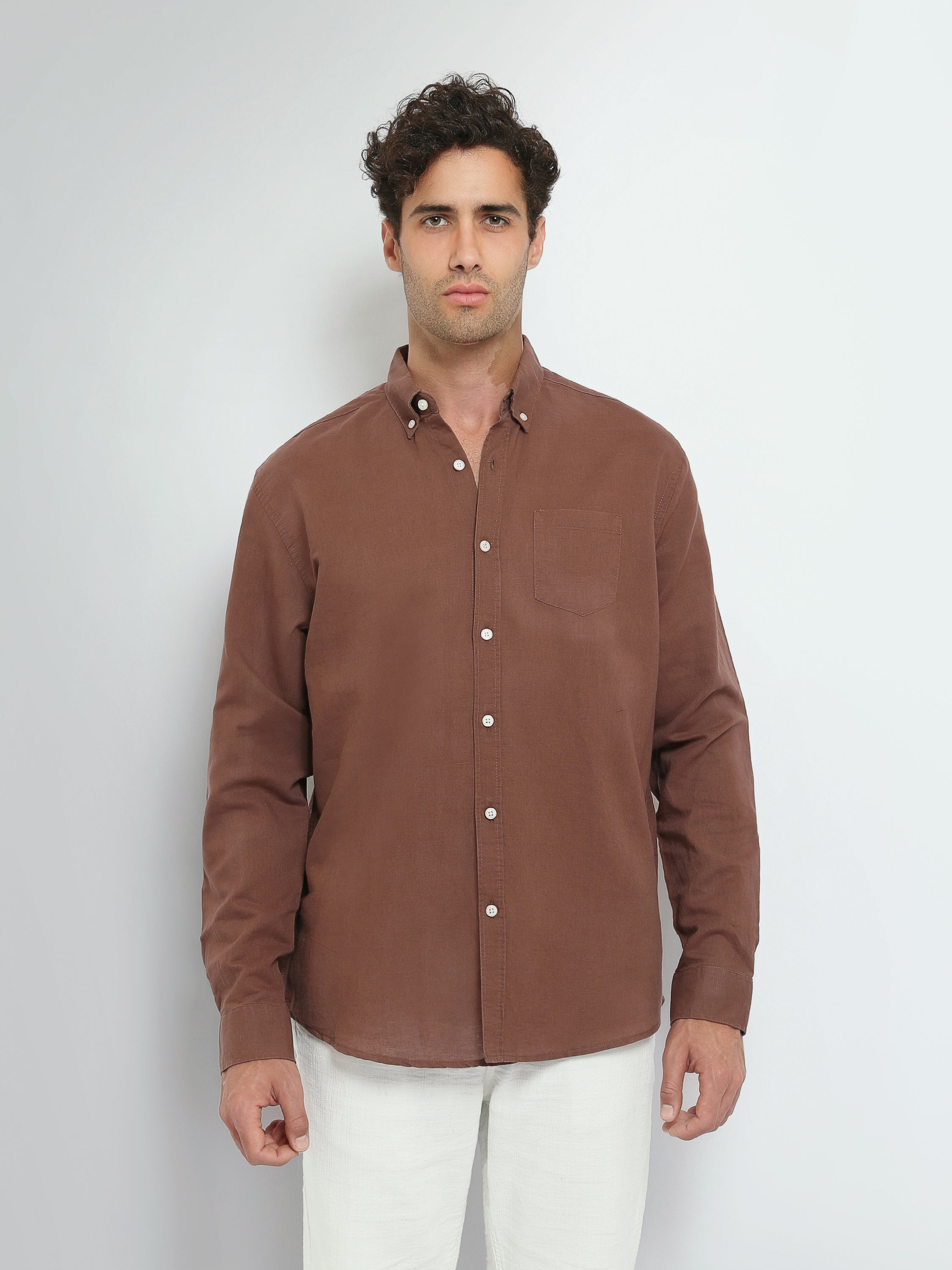 Town Team long sleeves shirts linen regular fit Olive