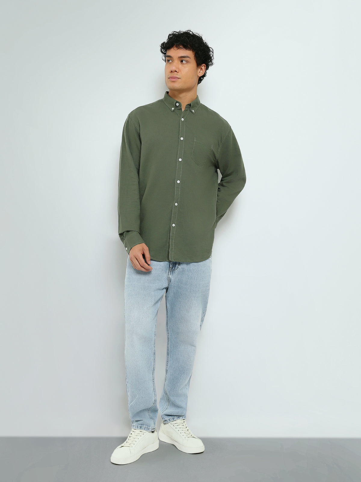 Town Team - Men's Regular linen Long Sleeves Shirts Olive Linen Blend