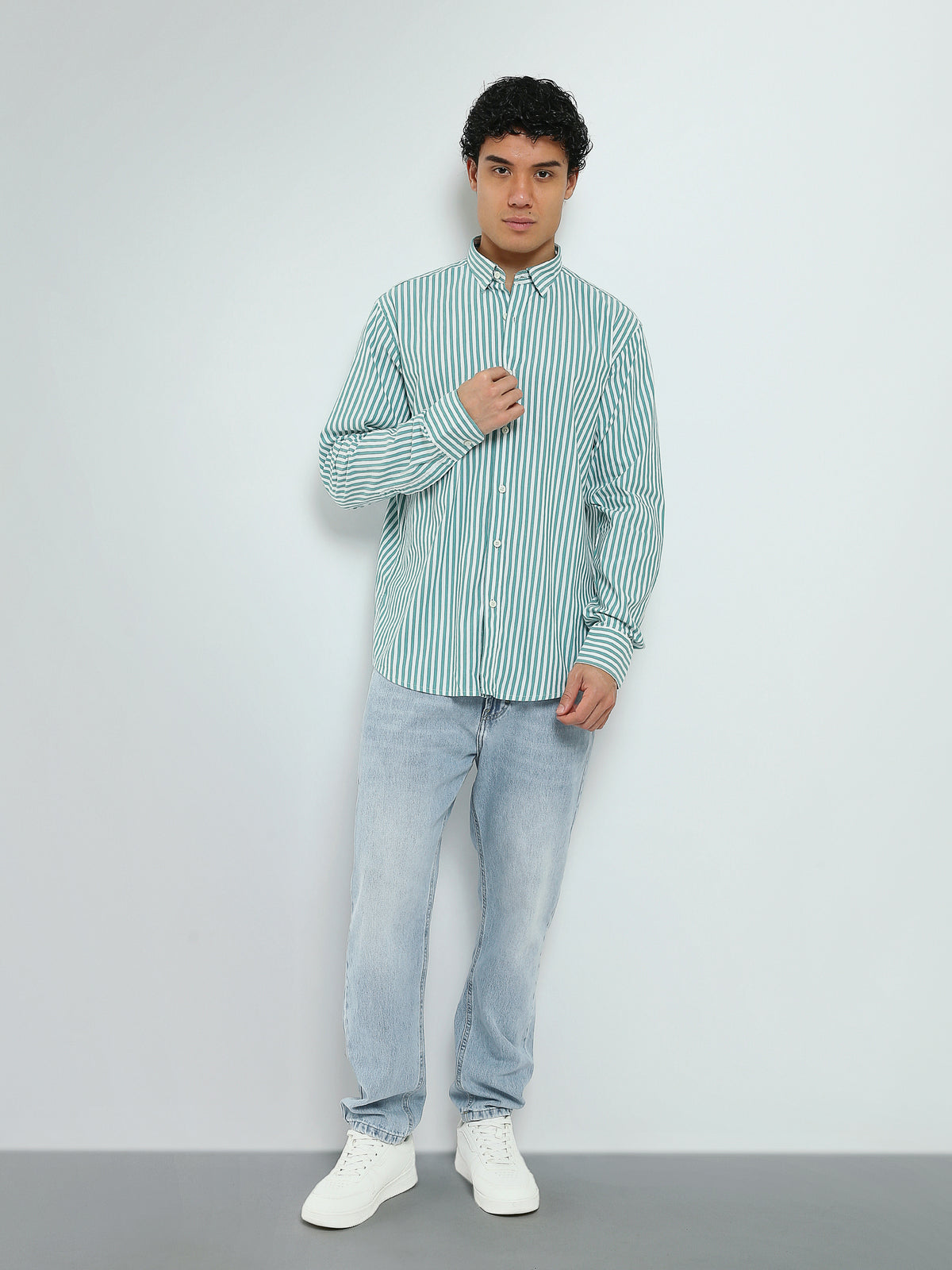 Town Team - Men's Modern cotton Long Sleeves Shirts WHT/TRQ Pure Cotton