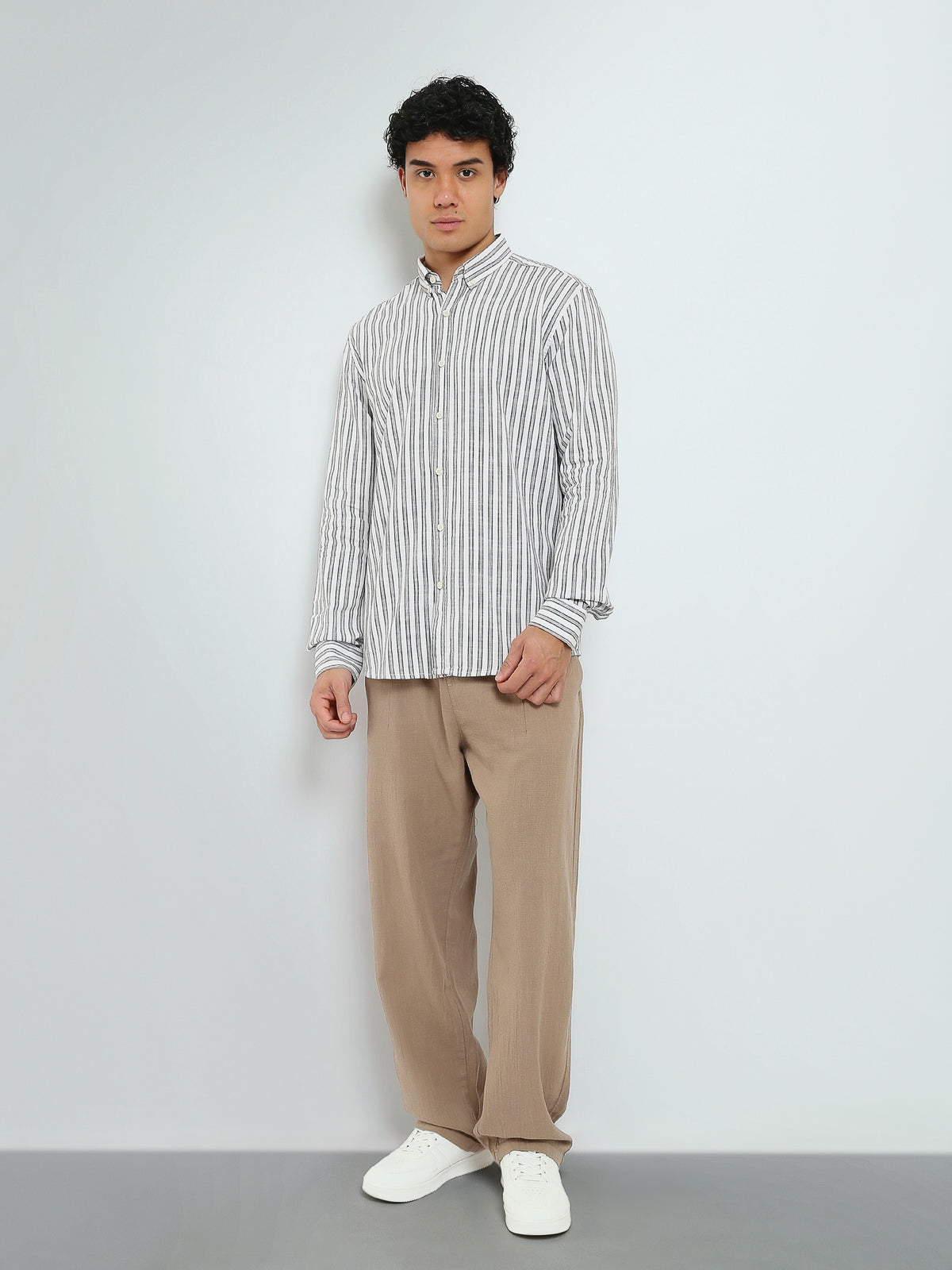 Town Team - Men's Modern linen Long Sleeves Shirts WHT/BRN Linen Blend