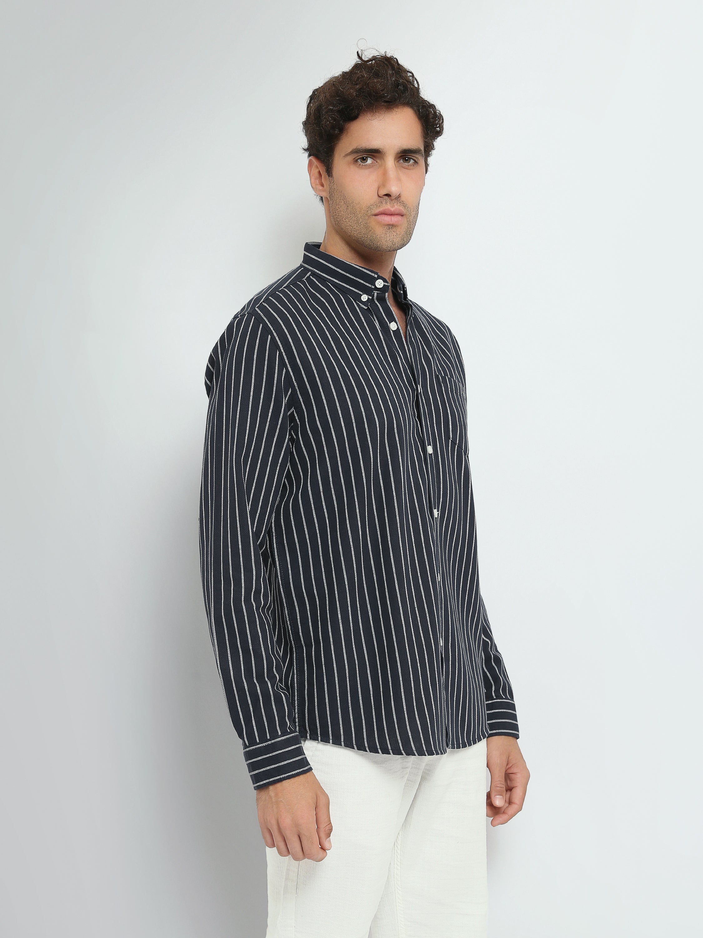 Town Team long sleeves shirts pique slim fit NVY/WHT