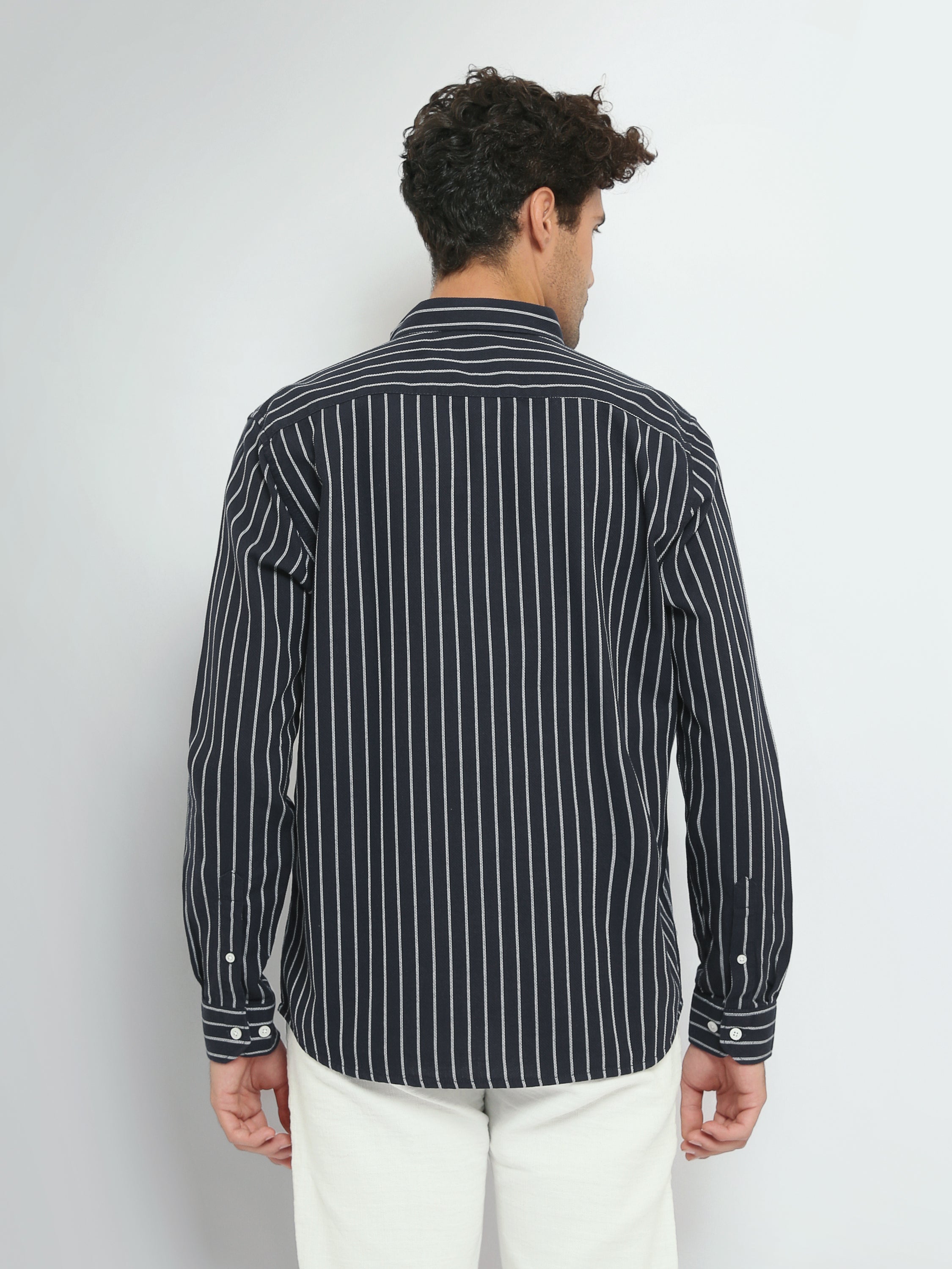 Town Team long sleeves shirts pique slim fit NVY/WHT