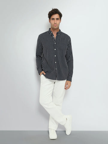 Town Team long sleeves shirts pique slim fit NVY/WHT