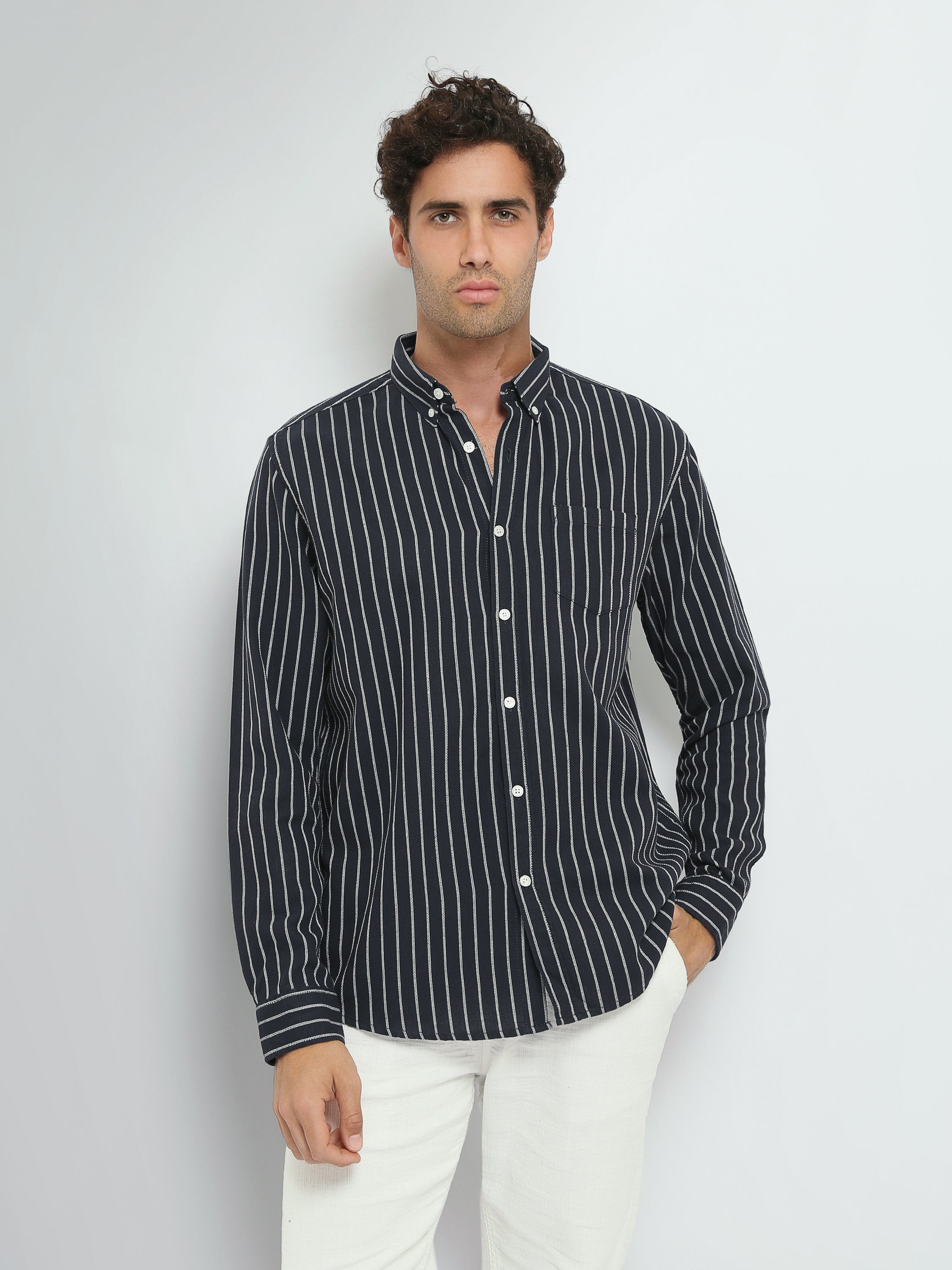 Town Team long sleeves shirts pique slim fit NVY/WHT