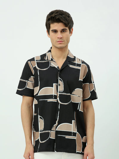 Town Team - Men's Oversized Seersucer Short Sleeves Shirts BLK/BEG Seersucer