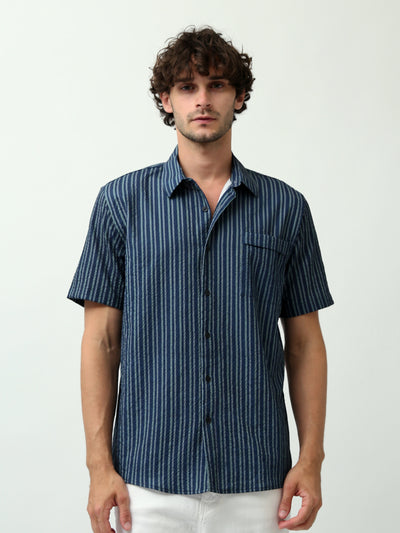 Town Team - Men's Oversized Seersucker Short Sleeves Shirts NVY/ARM Cotton Blend
