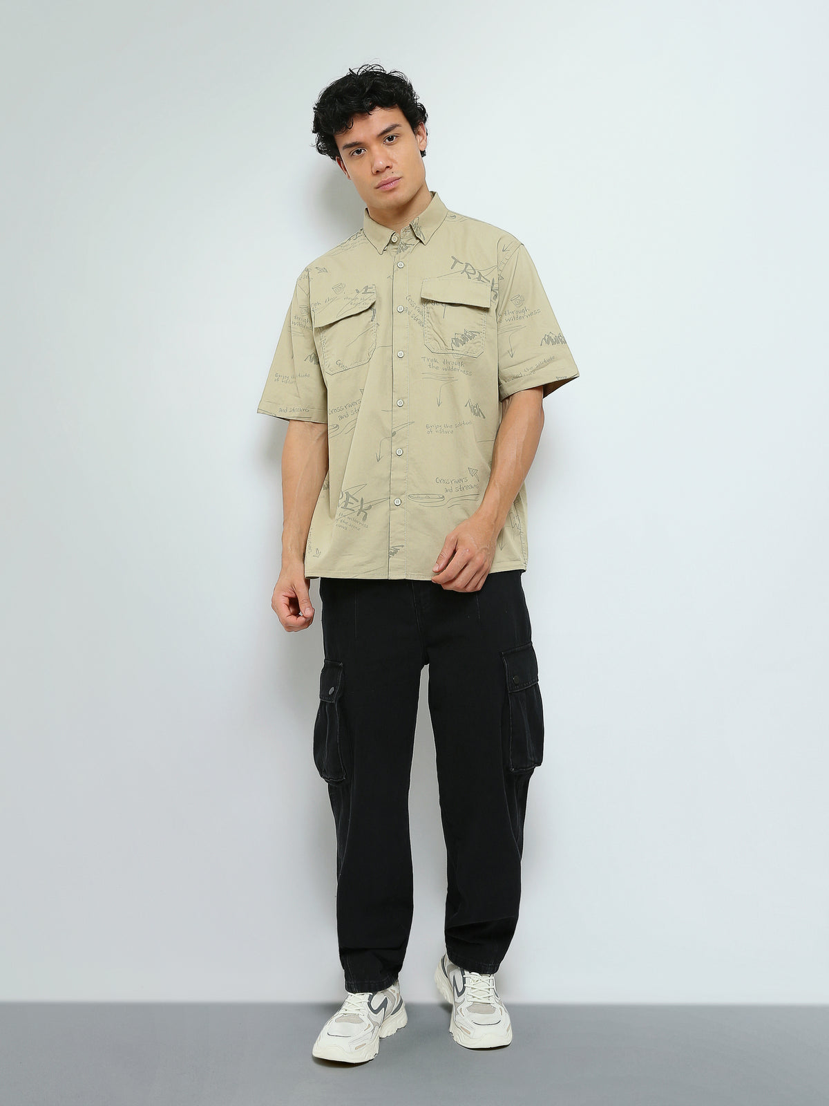 Town Team - Men's Oversized gabardine Short Sleeves Shirts Beige Gabardine