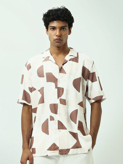 Town Team - Men's Oversized Seersucer Short Sleeves Shirts WHT/BEG Mixed fabric