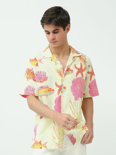 Town Team - Men's Oversized slub Short Sleeves Shirts MULTICOL Cotton Blend