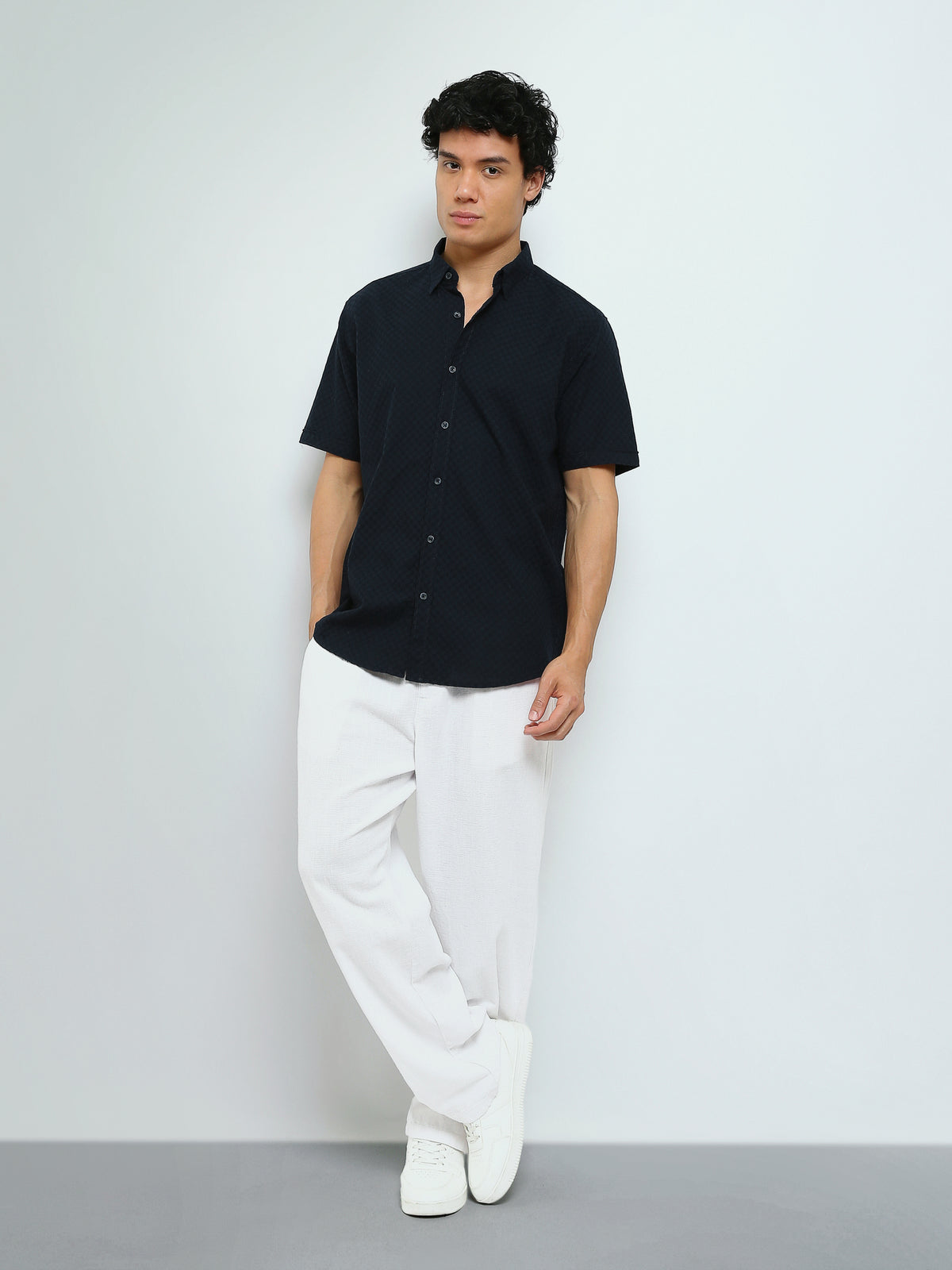 Town Team - Men's Slim cotton Short Sleeves Shirts Navy Cotton Jacquard