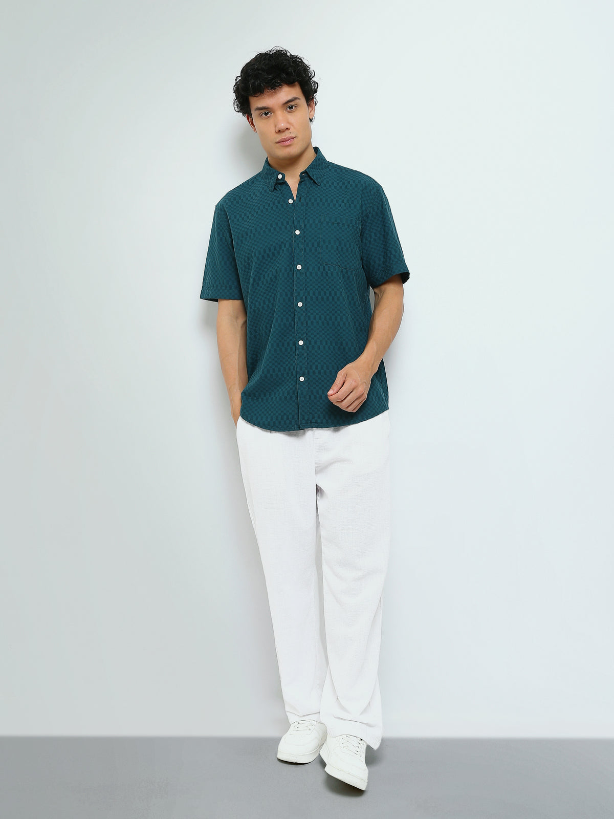 Town Team - Men's Slim cotton Short Sleeves Shirts Teal Cotton Jacquard