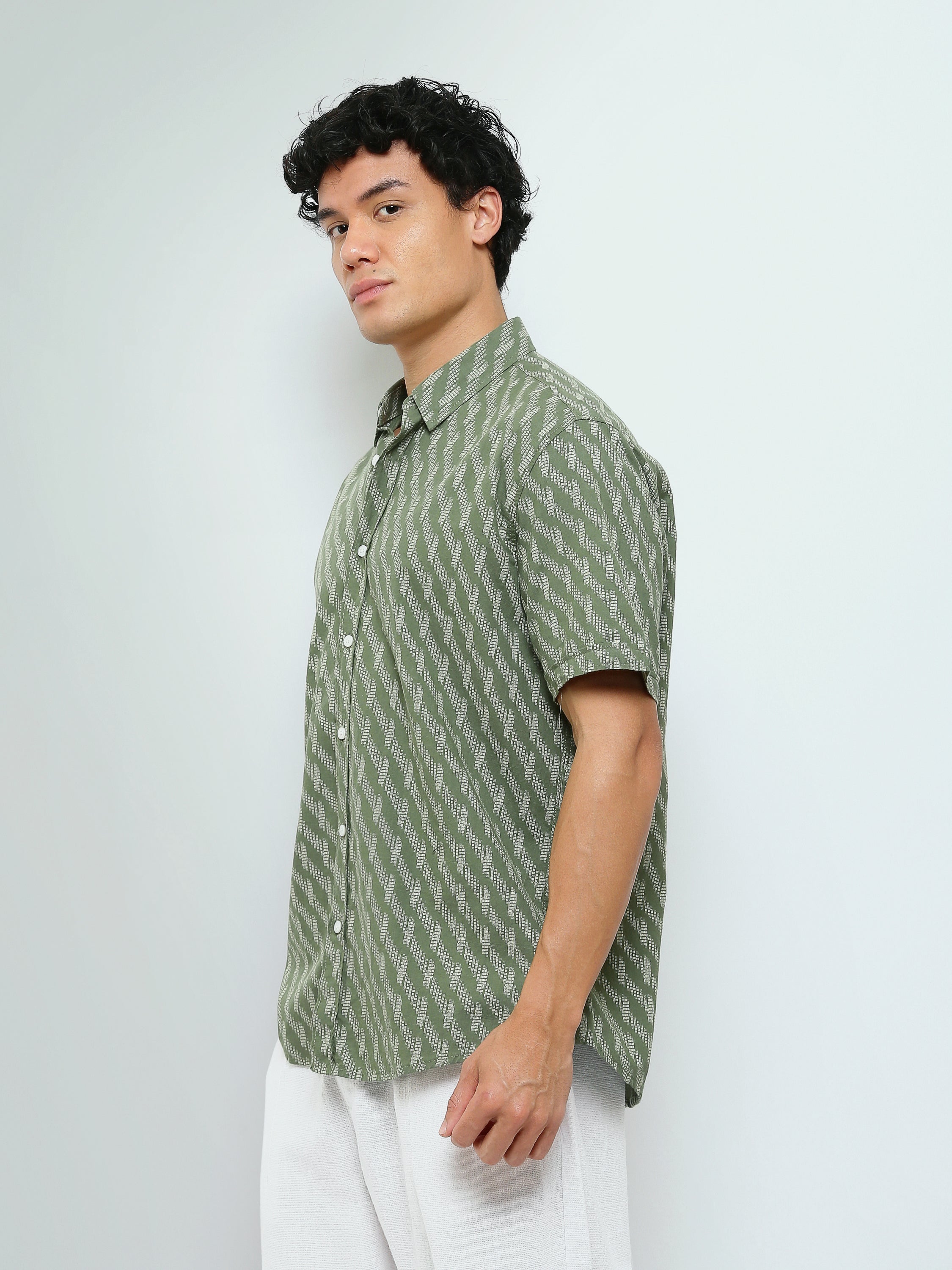 Town Team - Men's Slim cotton Short Sleeves Shirts Olive Pure Cotton