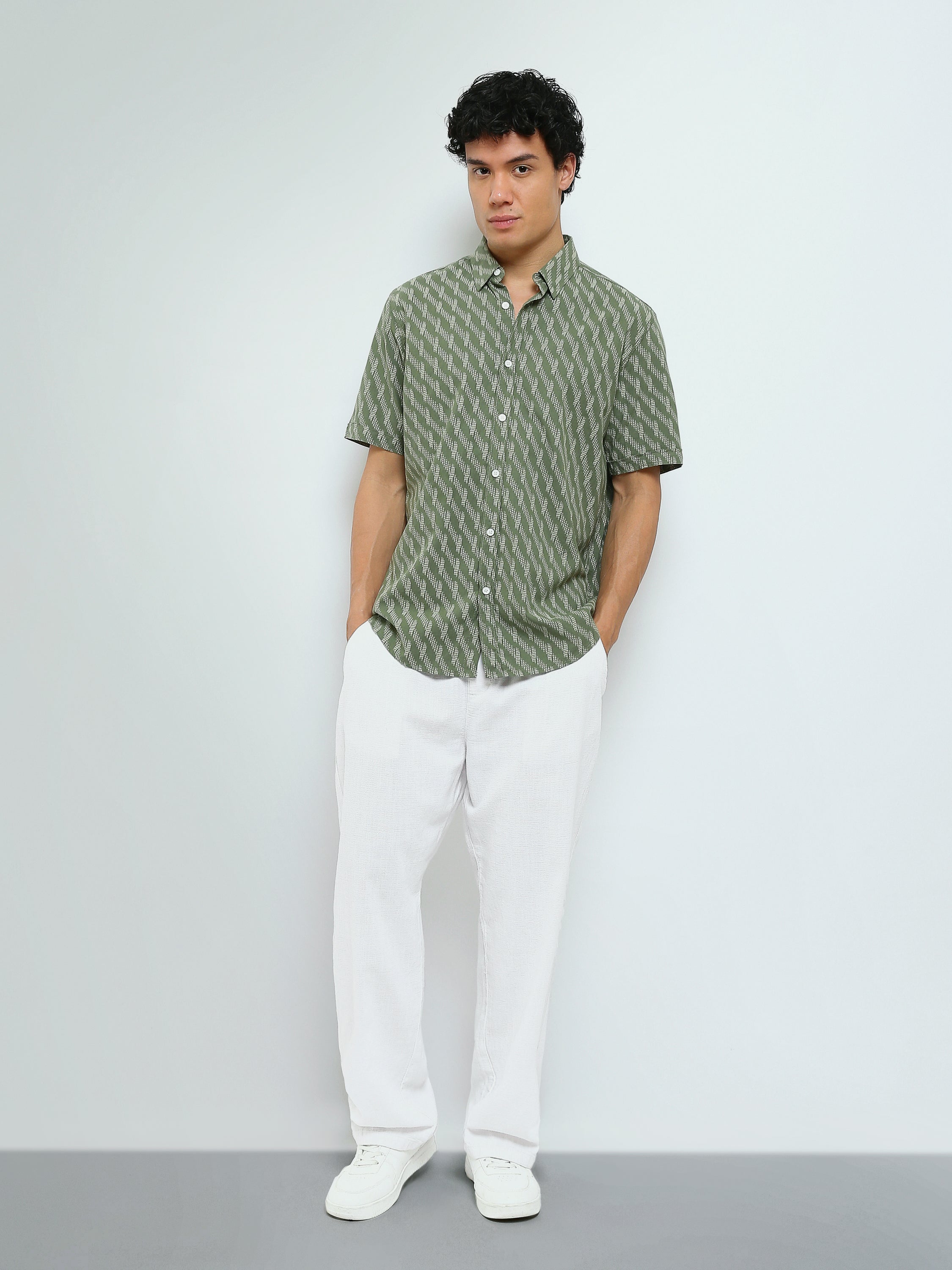 Town Team - Men's Slim cotton Short Sleeves Shirts Olive Pure Cotton