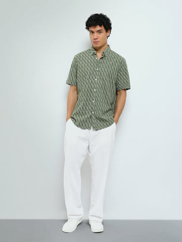 Town Team - Men's Slim cotton Short Sleeves Shirts Olive Pure Cotton