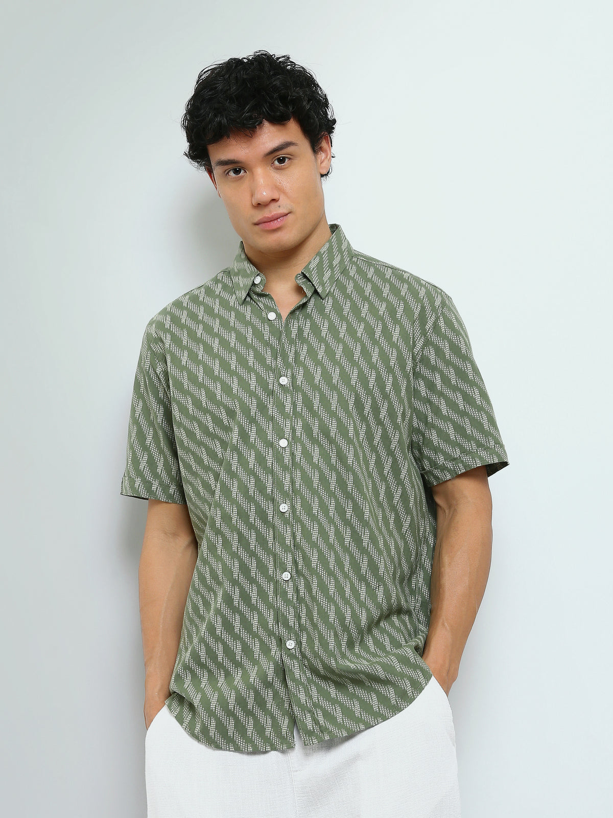 Town Team - Men's Slim cotton Short Sleeves Shirts Olive Pure Cotton