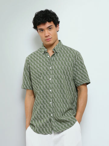 Town Team - Men's Slim cotton Short Sleeves Shirts Olive Pure Cotton