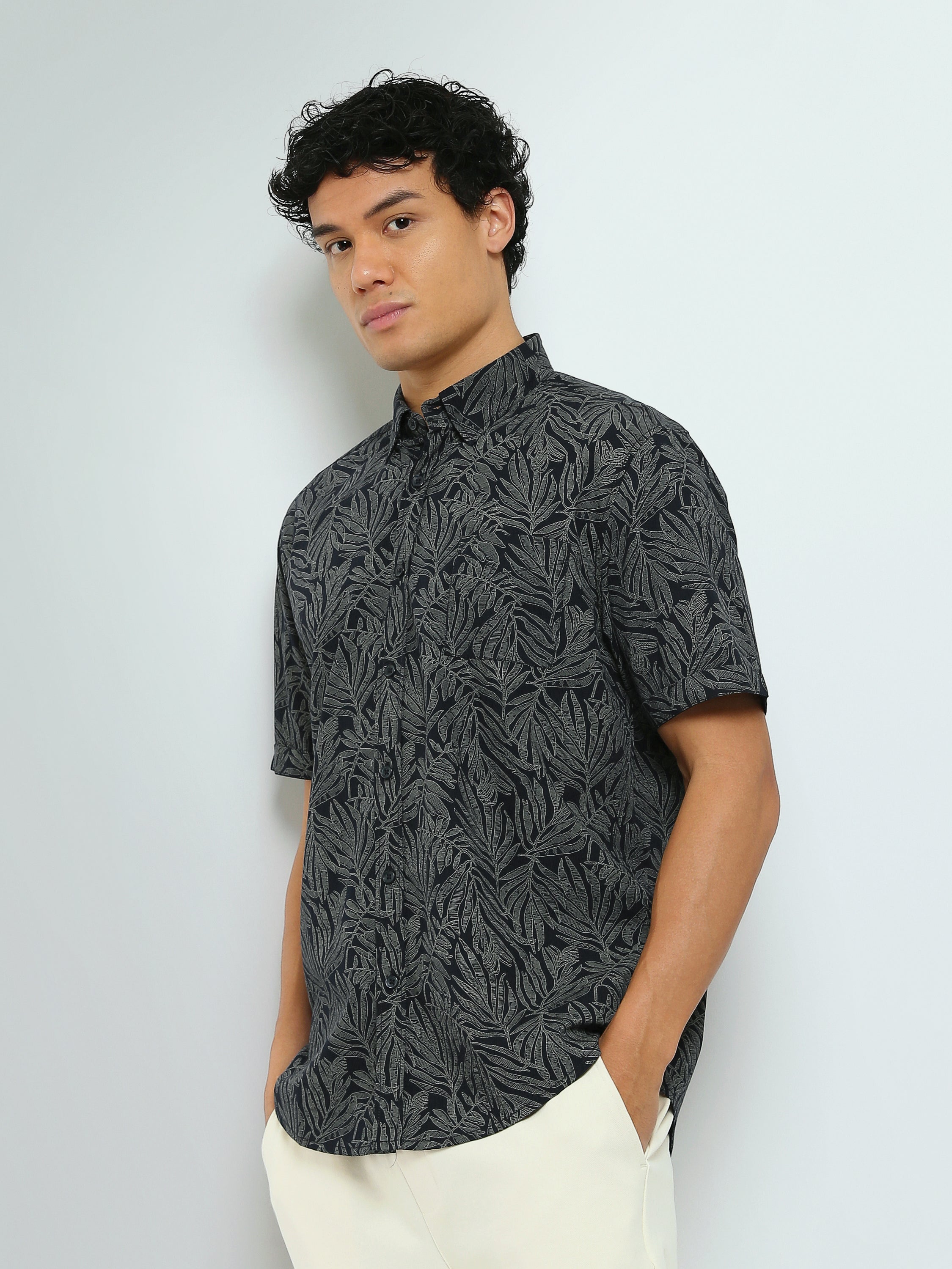 Town Team - Men's Slim cotton Short Sleeves Shirts Navy Pure Cotton