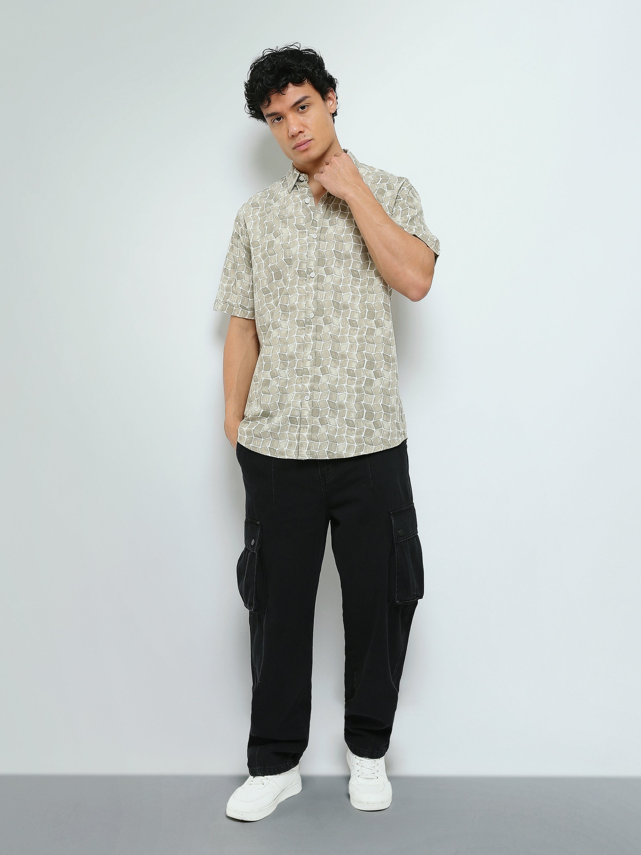 Town Team - Men's Slim cotton Short Sleeves Shirts Beige Poplin