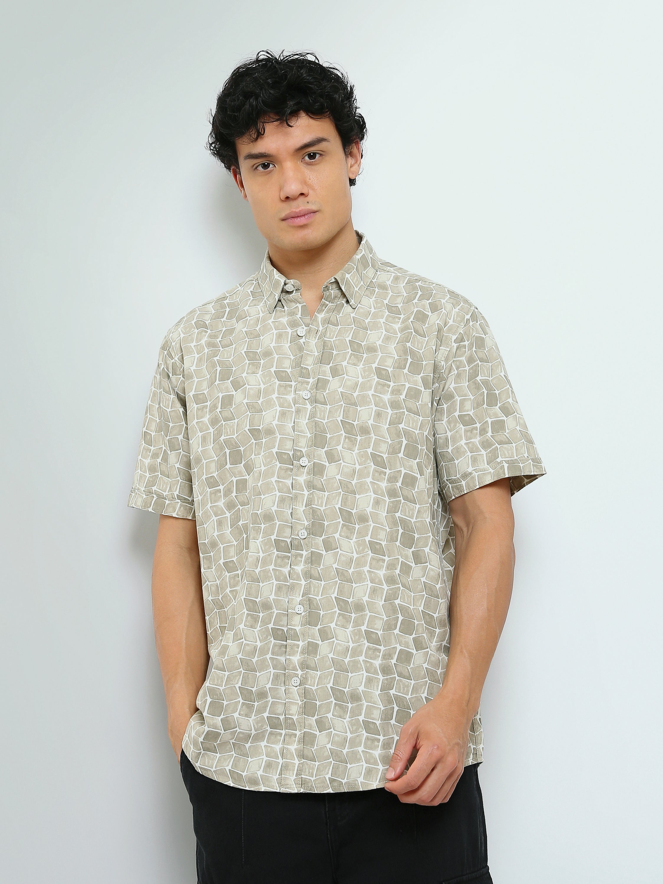 Town Team - Men's Slim cotton Short Sleeves Shirts Beige Poplin