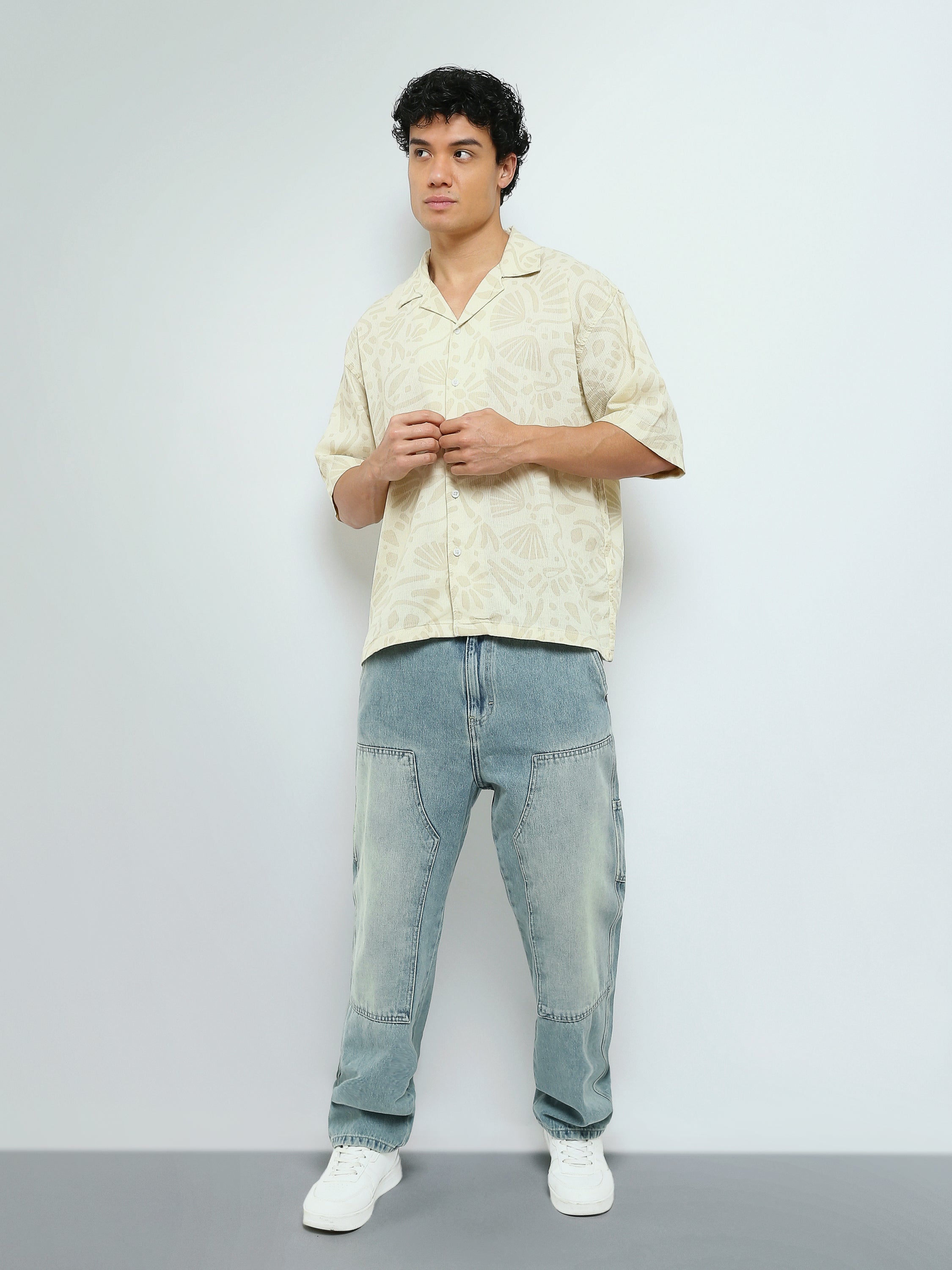 Town Team - Men's Loose cotton Short Sleeves Shirts L-BEIGE Cotton Blend