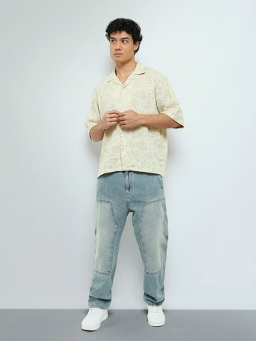 Town Team - Men's Loose cotton Short Sleeves Shirts L-BEIGE Cotton Blend