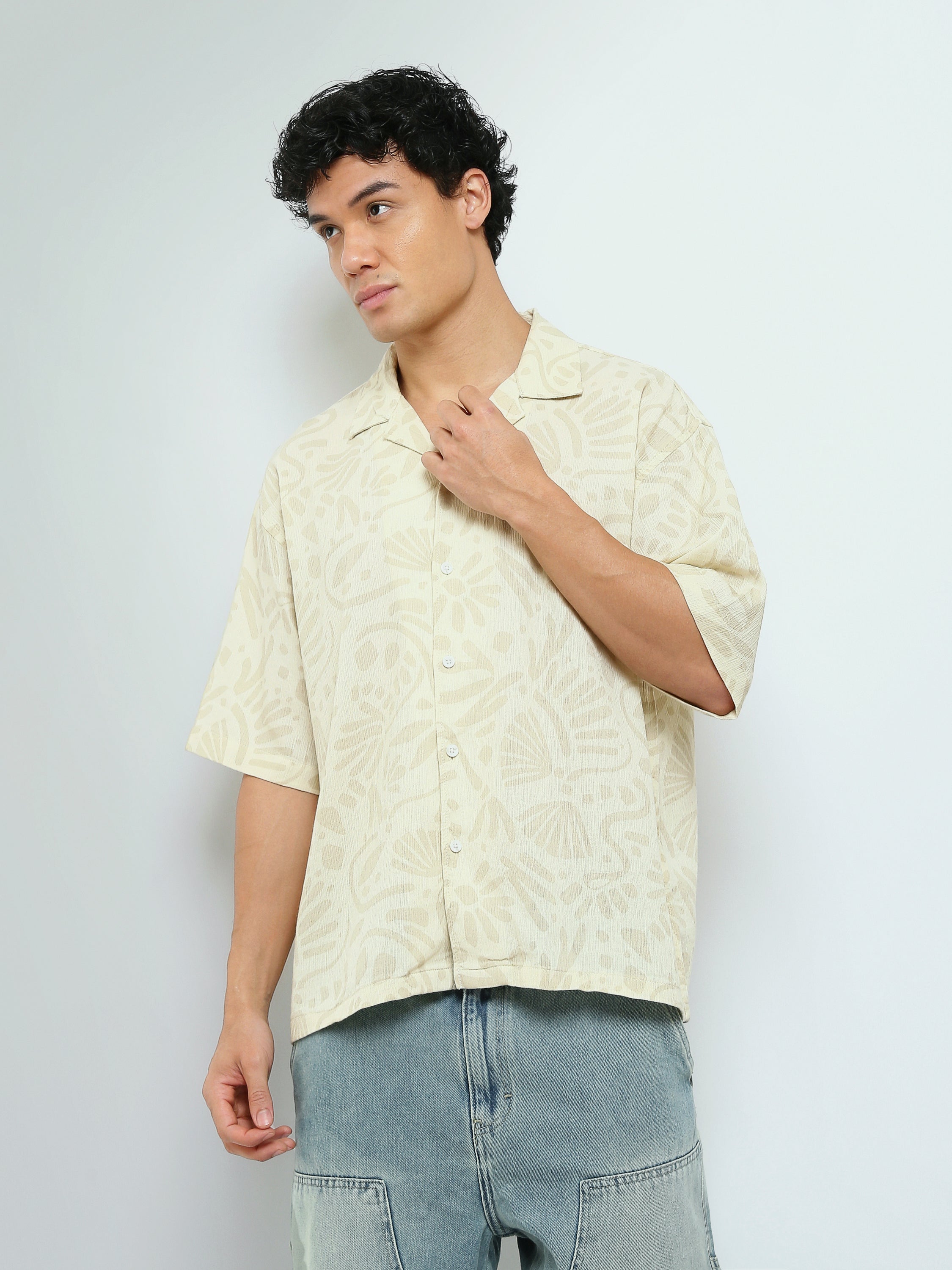 Town Team - Men's Loose cotton Short Sleeves Shirts L-BEIGE Cotton Blend