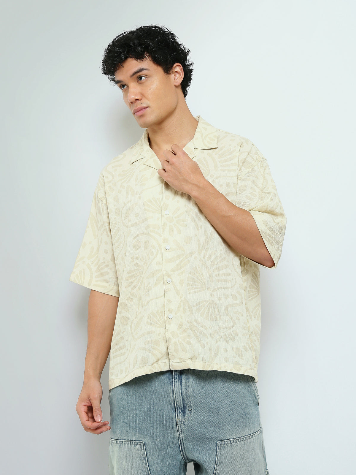 Town Team - Men's Loose cotton Short Sleeves Shirts L-BEIGE Cotton Blend