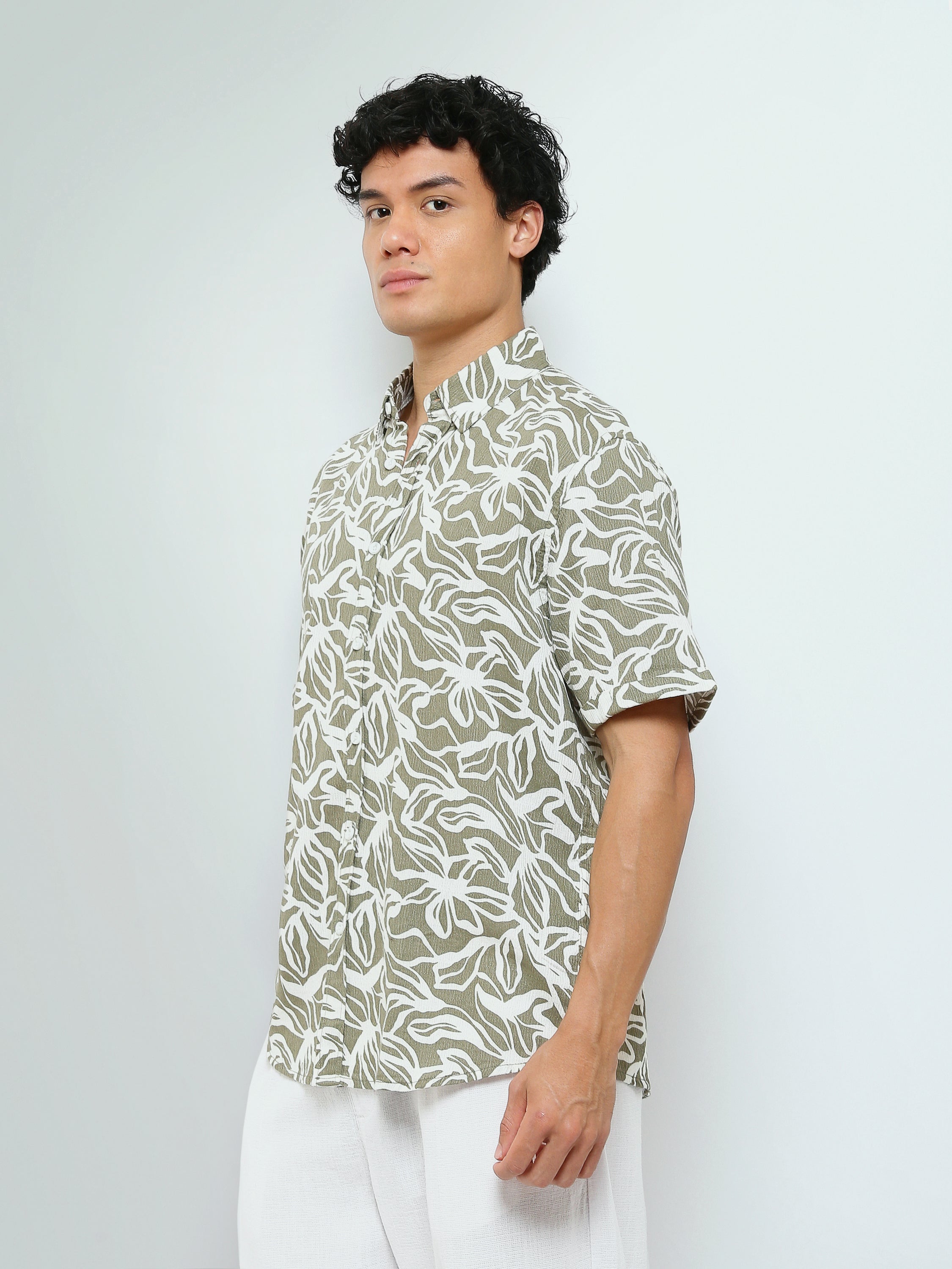 Town Team - Men's Slim slub Short Sleeves Shirts WHT/OLV Slub Cotton
