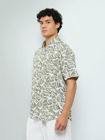 Town Team - Men's Slim slub Short Sleeves Shirts WHT/OLV Slub Cotton