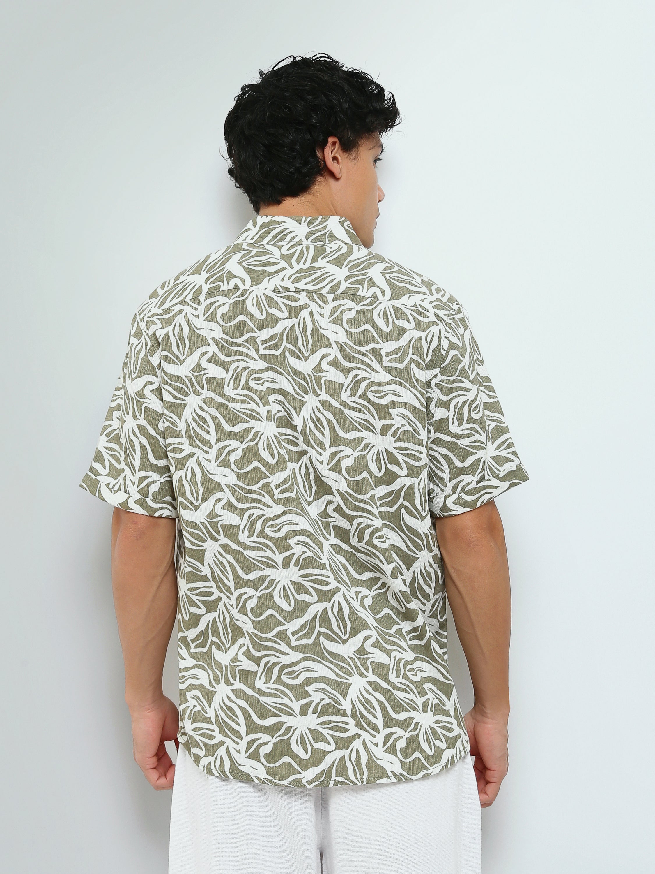 Town Team - Men's Slim slub Short Sleeves Shirts WHT/OLV Slub Cotton