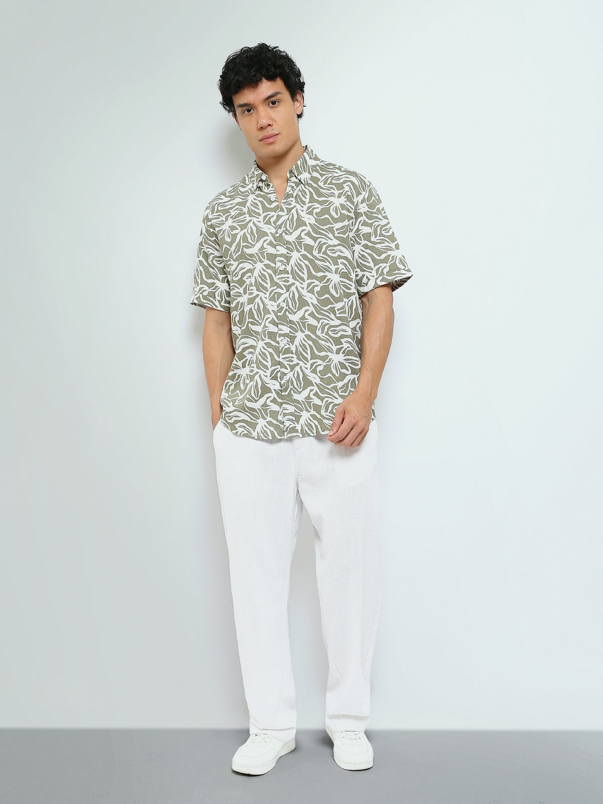 Town Team - Men's Slim slub Short Sleeves Shirts WHT/OLV Slub Cotton