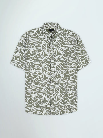 Town Team - Men's Slim slub Short Sleeves Shirts WHT/OLV Slub Cotton