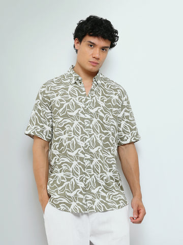 Town Team - Men's Slim slub Short Sleeves Shirts WHT/OLV Slub Cotton