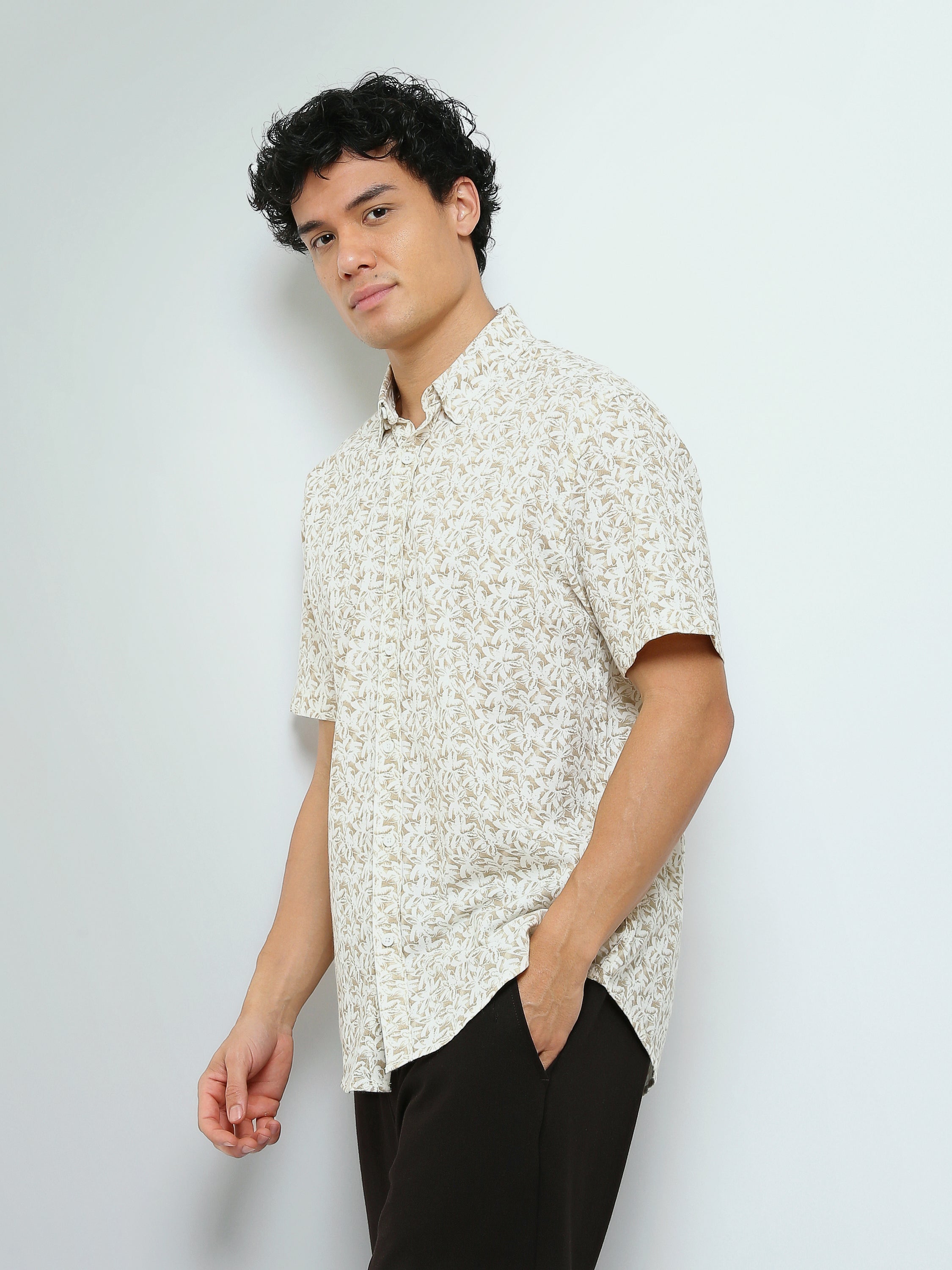 Town Team - Men's Slim cotton Short Sleeves Shirts WHT/BEG Pure Cotton