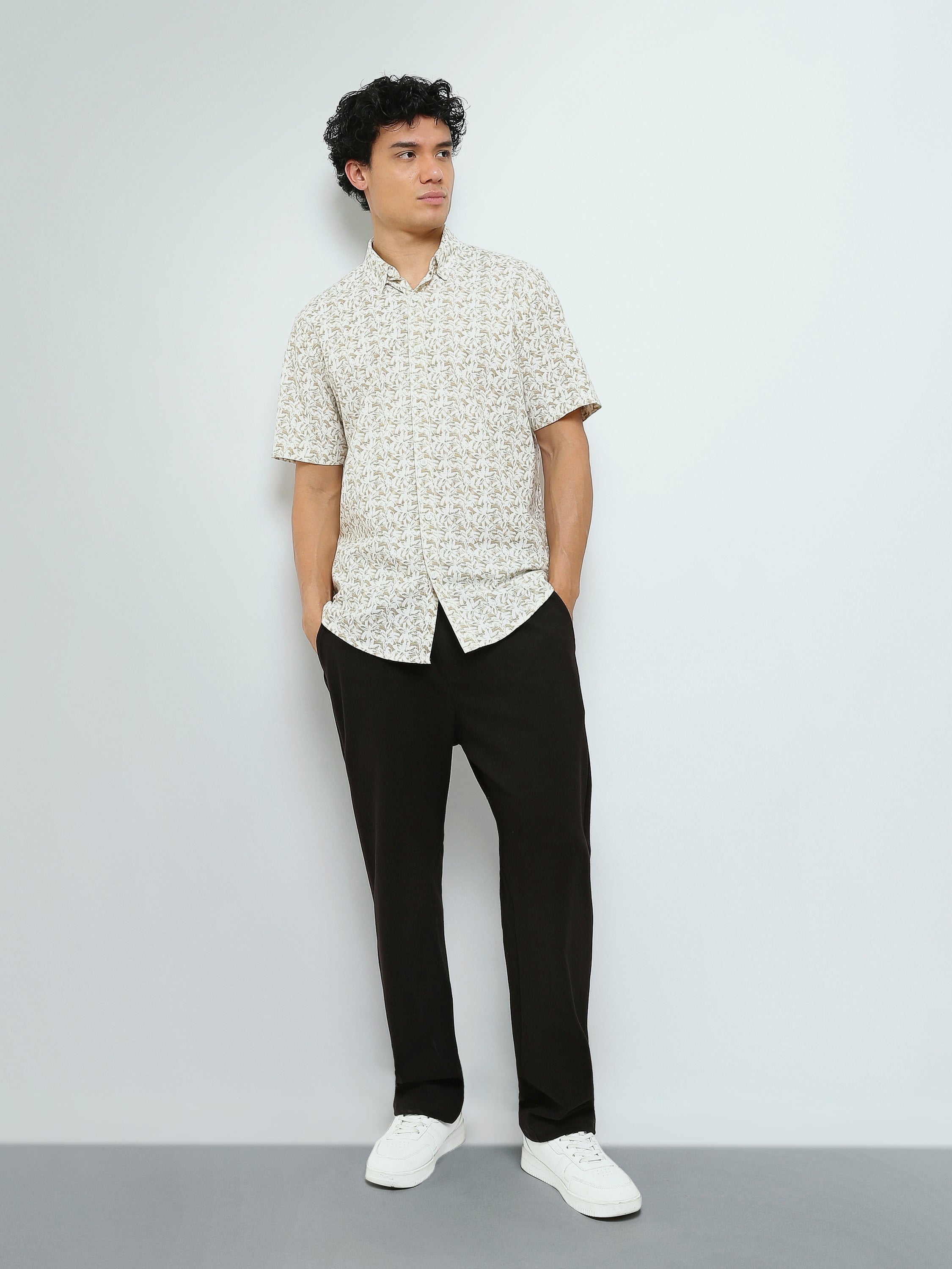 Town Team - Men's Slim cotton Short Sleeves Shirts WHT/BEG Pure Cotton